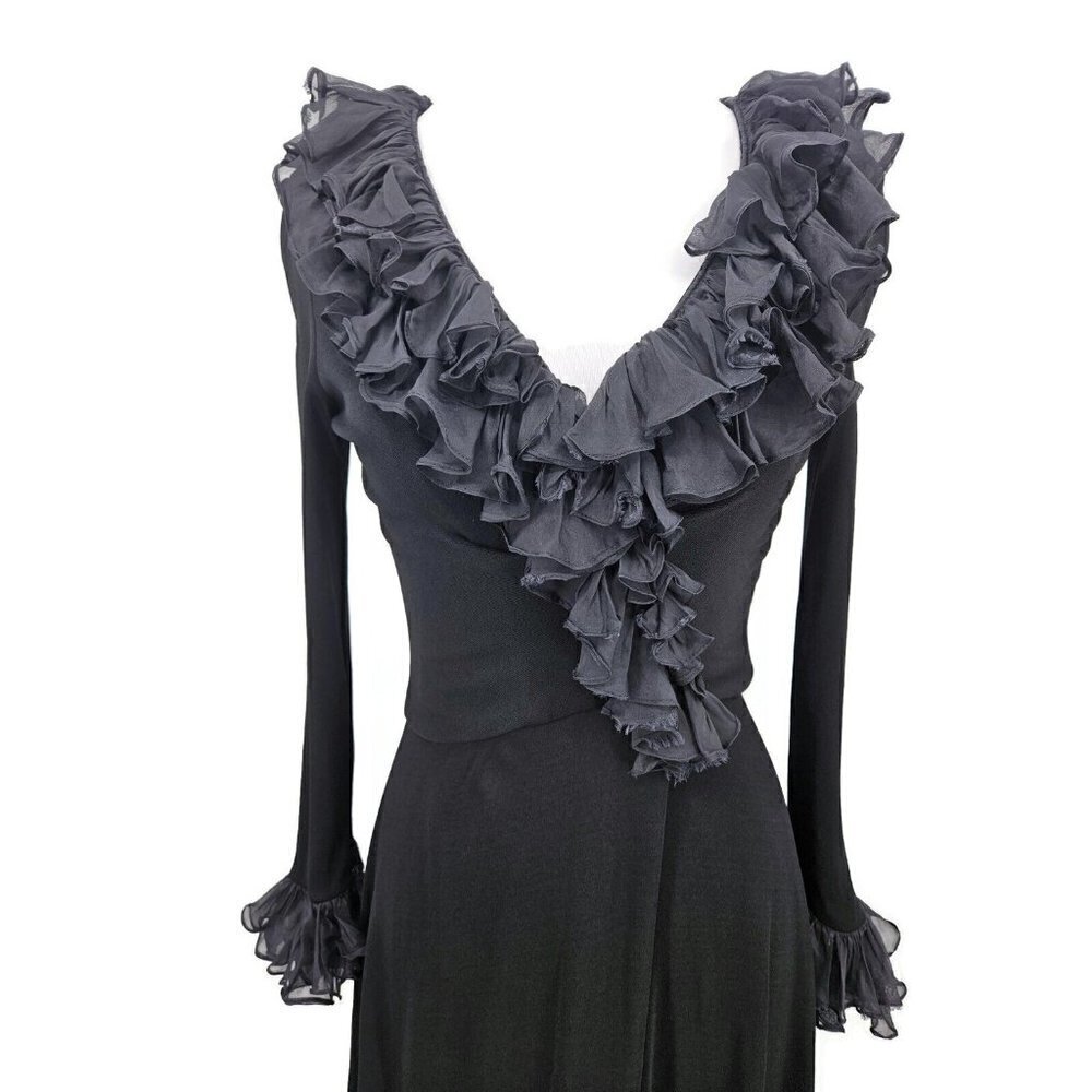 VTG Mr Blackwell Custom Black Dress Womens XS/S Ruffle Trim Surplice Skirt - Picture 2 of 10